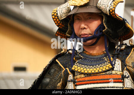 Reenactor dressed in traditional samurai costume and armour (armor) at samurai festival in Sarugakyo, Minakami, Gunma, Japan. Stock Photo