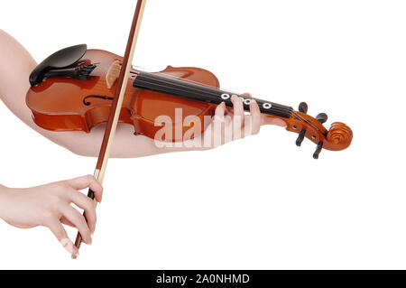A womans hand holding and playing the violin in a close up image, horizontal , isolated for white background Stock Photo