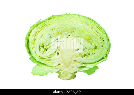 Green half head of cabbage on white background isolated close up, cutted piece of ripe white cabbage, sliced Brussels sprouts macro, design element Stock Photo