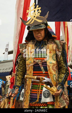Reenactor dressed in traditional samurai costume and armour (armor) as Naoe Kanetsugu at samurai festival in Sarugakyo, Minakami, Gunma, Japan. Stock Photo