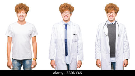 Collage of young doctor man wearing medical coat over isolated white background with a happy and cool smile on face. Lucky person. Stock Photo