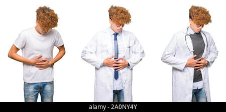Collage of young doctor man wearing medical coat over isolated white background with hand on stomach because indigestion, painful illness feeling unwe Stock Photo