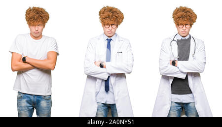 Collage of young doctor man wearing medical coat over isolated white background skeptic and nervous, disapproving expression on face with crossed arms Stock Photo
