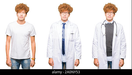 Collage of young doctor man wearing medical coat over isolated white background Relaxed with serious expression on face. Simple and natural looking at Stock Photo