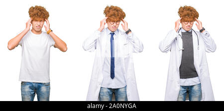 Collage of young doctor man wearing medical coat over isolated white background with hand on head for pain in head because stress. Suffering migraine. Stock Photo