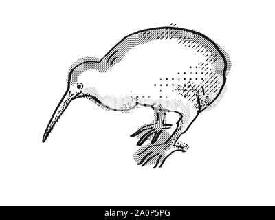 Retro cartoon style drawing of a kiwi , a New Zealand bird on isolated white background done in black and white Stock Photo