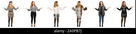 Collage of beautiful middle age woman wearing different looks over white isolated background Smiling showing both hands open palms, presenting and adv Stock Photo