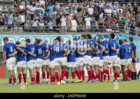 Tokyo, Japan. 21st Sep, 2019. Players sing the national anthem of France prior to starting the Rugby World Cup 2019 Pool C match between France and Argentina at Tokyo Stadium. France defeats Argentina 23-21. Credit: Rodrigo Reyes Marin/ZUMA Wire/Alamy Live News Credit: ZUMA Press, Inc./Alamy Live News Stock Photo