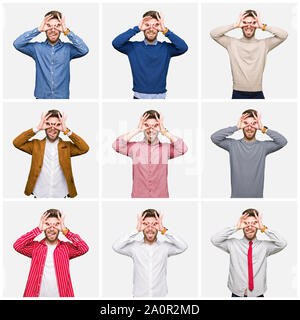 Collage of handsome young business man wearing different looks over white isolated background doing ok gesture like binoculars sticking tongue out, ey Stock Photo