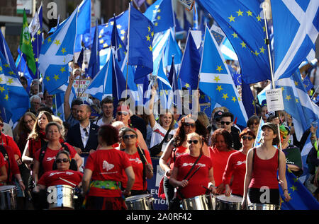 Protestors during the March to Remain in the EU for Peace and Climate Action in Edinburgh. PA Photo. Picture date: Saturday September 21, 2019. See PA story POLITICS Scotland Remain. Photo credit should read: Andrew Milligan/PA Wire Stock Photo