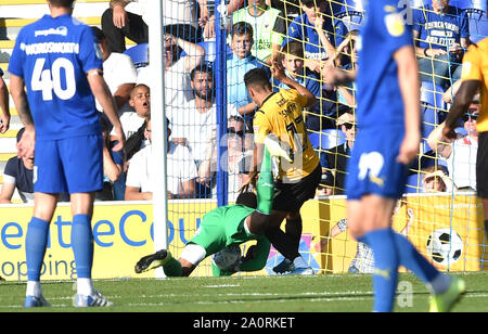 London UK 21 September 2019 - Goalkeeper Nathan Trott of AFC Wimbledon can't keep out Bristol Rovers second goal scored by Jonson Clarke-Harris during the Sky Bet League One football match between AFC Wimbledon and Bristol Rovers at the Cherry Red Records Stadium - Editorial use only. No merchandising. For Football images FA and Premier League restrictions apply inc. no internet/mobile usage without FAPL license - for details contact Football Dataco . Credit : Simon Dack TPI / Alamy Live News Stock Photo