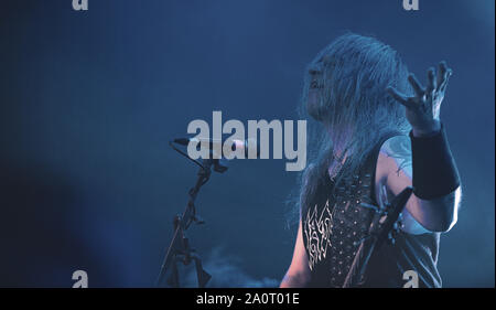 Copenhagen, Denmark. 17th, September 2019. The Polish death metal band Vader performs a live concert at Hotel Cecil in Copenhagen. Here vocalist and guitarist Piotr Wiwczarek seen live on stage. (Photo credit: Gonzales Photo - Nikolaj Bransholm). Stock Photo