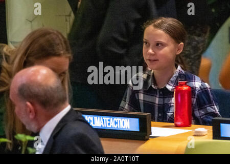 New York, USA,  21 September 2019.  Swedish environmental activist Greta Thunberg at the start of the Youth Climate Summit at U.N. Headquarters in New York City.   Credit: Enrique Shore/Alamy Live News Stock Photo
