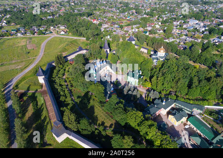 Over Holy Dormition Pskov-Caves Monastery in the sunny June afternoon (shooting from the quadcopter). Pechory, Russia Stock Photo