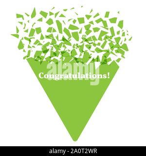 Explosion effect. The geometric figure of a green triangle explodes. Caption Congratulations. Congratulatory banner concept. Vector illustration Stock Vector