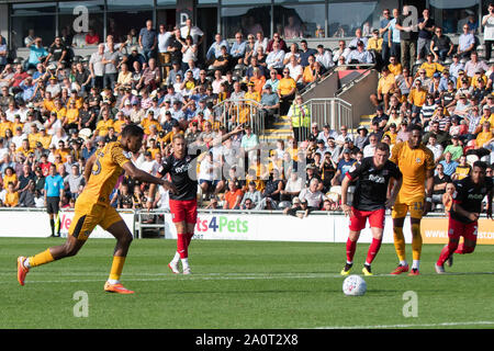 Newport, UK. 21st Sep, 2019. Tristan Abraham of Newport county scores his teams 1st goal from a penalty. EFL Skybet football league two, Newport county v Exeter city at Rodney Parade in Newport, South Wales on Saturday 21st September 2019. this image may only be used for Editorial purposes. Editorial use only, license required for commercial use. No use in betting, games or a single club/league/player publications.pic by Credit: Andrew Orchard sports photography/Alamy Live News Stock Photo