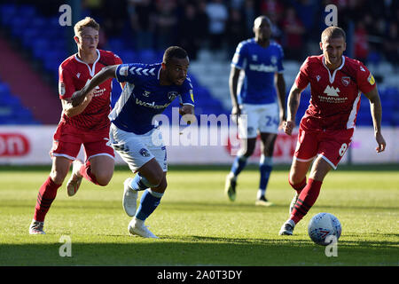 Oldham, UK. 21st Sep, 2019. OLDHAM, ENGLAND SEPTEMBER 21ST. Oldham's Johan Branger and Morecambe's Lewis Alessandra in action during the Sky Bet League 2 match between Oldham Athletic and Morecambe at Boundary Park, Oldham on Saturday 21st September 2019. (Credit: Eddie Garvey | MI News) Photograph may only be used for newspaper and/or magazine editorial purposes. License required for commercial use. Credit: MI News & Sport /Alamy Live News Stock Photo