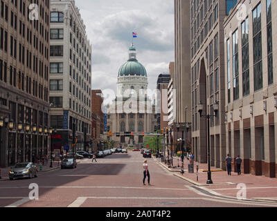 View of Indiana State Capitol Building down W. Market Street from Monument Circle, Indianapolis, Indiana, USA, July 26, 2019, © Katharine Andriotis Stock Photo