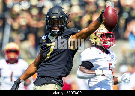 Winston-Salem, NC, USA. 21st Sep, 2019. Wake Forest Demon Deacons wide receiver Scotty Washington (7) celebrates the big catch in the NCAA matchup at BB&T Field in Winston-Salem, NC. (Scott Kinser/Cal Sport Media) Credit: csm/Alamy Live News Stock Photo