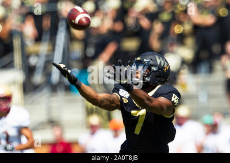 Winston-Salem, NC, USA. 21st Sep, 2019. Wake Forest Demon Deacons wide receiver Scotty Washington (7) reaches for the ball in the NCAA matchup at BB&T Field in Winston-Salem, NC. (Scott Kinser/Cal Sport Media) Credit: csm/Alamy Live News Stock Photo