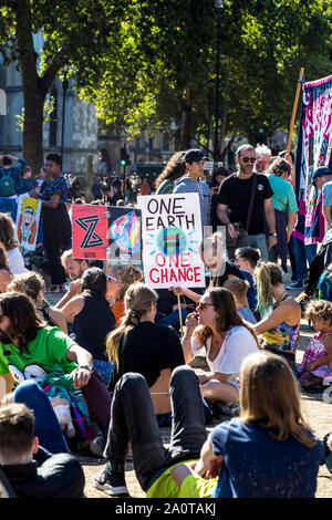 20 September 2019, London, UK - 'One Earth One Chance' sign at the Global Climate Strike in Westminster Stock Photo