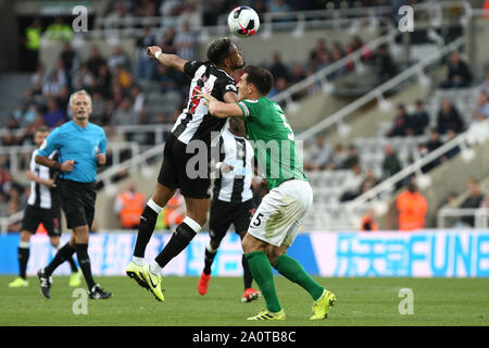 Newcastle, UK. 21st Sep, 2019.  Newcastle United's Joelinton competes for the ball with Brighton & Hove Albion's Lewis Dunk during the Premier League match between Newcastle United and Brighton and Hove Albion at St. James's Park, Newcastle on Saturday 21st September 2019. (Credit: Steven Hadlow | MI News) Photograph may only be used for newspaper and/or magazine editorial purposes, license required for commercial use Credit: MI News & Sport /Alamy Live News Stock Photo
