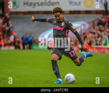 15th September 2019, Oakwell, Barnsley, England; Sky Bet Championship Football, Barnsley vs Leeds United ; Helder Costa (17) of Leeds United crosses the ball  Credit: Craig Milner/News Images  English Football League images are subject to DataCo Licence Stock Photo