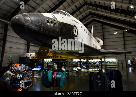 LOS ANGELES - The space shuttle Endeavour with merchandise in the California Science Center. Stock Photo