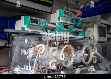 Resuscitation box for infants and premature infants in a medical ambulance Stock Photo
