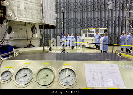 NOORDWIJK - The BepiColombo inside the cleanroom of the ESTEC. The satellite is due to launch in 2018 on a mission to the planet Mercury. Stock Photo