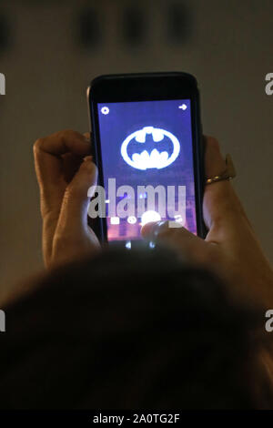 London, UK. 21st September 2019. Batman Bat signal projected on Senate House Library of the University of London for the 80th anniversary of the release of Batman, London, UK. The building was used in several Batman films. Credit: Paul Brown/Alamy Live News Stock Photo