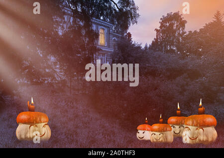 Spooky Halloween pumpkins gather in the grass, background with house and light effect Stock Photo