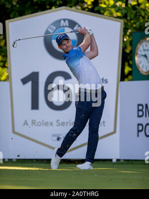 21st September 2019; Wentworth Club, Surrey, England; European Tour Golf, BMW PGA Championship Wentworth, Third Round; Danny Willett (ENG) taking his tee shot at the 16th hole Stock Photo