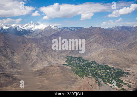 aerial view of mountain range with oasis at Ladakh, northern India Stock Photo