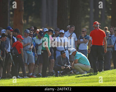 Virginia Water, UK. 21st Sep, 2019. Bernd Wiesberger chats with a rules official on the 13th fairway during round three of the BMW PGA Championship, European Tour Golf Tournament at Wentworth Golf Club, Virginia Water, Surrey, England. Credit: ESPA/Alamy Live News Stock Photo