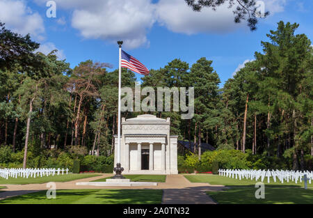 US national flag flying by the Chapel in the American Military Cemetery at the Military Cemeteries, Pirbright, Woking, Surrey, southeast England, UK Stock Photo