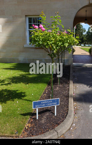 Sign at the entrance to the American Military Cemetery in the Military Cemeteries at Brookwood Cemetery, Pirbright, Woking, Surrey, southeast England Stock Photo