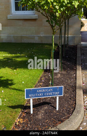 Sign at the entrance to the American Military Cemetery in the Military Cemeteries at Brookwood Cemetery, Pirbright, Woking, Surrey, southeast England Stock Photo