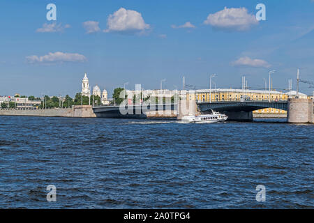 Saint Petersburg, Russia -  July 27, 2019: View from the Vasilievsky Island at Petrogradsky island with St.Vladimir's Cathedral, bascule Tuchkov Bridg Stock Photo