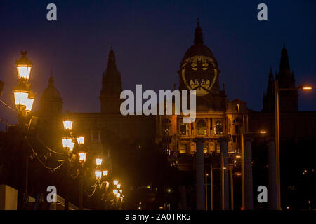 Barcelona, Catalonia, Spain. 21st Sep, 2019. Batman Bat signal appears projected on the facade of the Palau Nacional de Montjuic in Barcelona on occasion of the character's 80th anniversary. Credit: Jordi Boixareu/ZUMA Wire/Alamy Live News Stock Photo