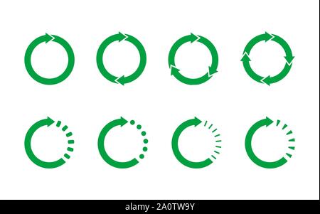 Set of 8 green circle arrows on white background. Recycle symbol, life cycle, concept. Loop rotation sign set. Arrow heads representing circulation. Stock Vector