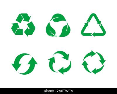 Recycle symbol vector set. Green recycle sign set on white background. Collection of 6 different recycling icons. Reuse, renew, recycling materials Stock Vector