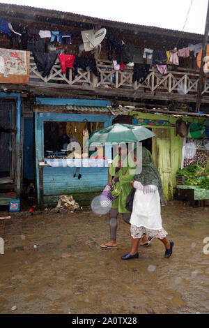 Two women sharing an umbrella in the rain, Andasibe, Madagascar. No MR or PR Stock Photo