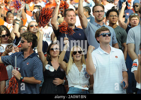 College Station, TX, USA. 21st Sep, 2019. Auburn Tigers fans cheering for their team during the game between the Auburn University Tigers and the Texas A&M University Aggies at Kyle Field Stadium in College Station, TX. Auburn Tigers wins against Texas A&M Aggies, 28-20. Patrick Green/CSM/Alamy Live News Stock Photo