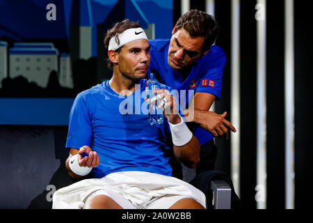 Geneva, Switzerland. 21st Sep, 2019. Rafael Nadal of Team Europe and Roger Federer of Team Europe reacts during Day 2 of the Laver Cup 2019 at Palexpo on September 21, 2019 in Geneva, Switzerland. The Laver Cup will see six players from the rest of the World competing against their counterparts from Europe. Team World is captained by John McEnroe and Team Europe is captained by Bjorn Borg. The tournament runs from September 20-22. Credit: Independent Photo Agency/Alamy Live News Stock Photo