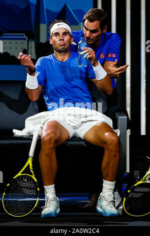 Geneva, Switzerland. 21st Sep, 2019. Rafael Nadal of Team Europe and Roger Federer of Team Europe reacts during Day 2 of the Laver Cup 2019 at Palexpo on September 21, 2019 in Geneva, Switzerland. The Laver Cup will see six players from the rest of the World competing against their counterparts from Europe. Team World is captained by John McEnroe and Team Europe is captained by Bjorn Borg. The tournament runs from September 20-22. Credit: Independent Photo Agency/Alamy Live News Stock Photo