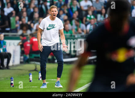 Bremen, Germany. 21st Sep, 2019. Julian Nagelsmann, head coach of Leipzig, reacts during the Bundesliga soccer match between SV Werder Bremen and RB Leipzig in Bremen, Germany, on Sept. 21, 2019. Credit: Kevin Voigt/Xinhua Stock Photo