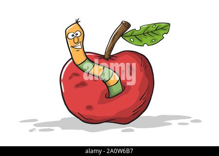 Red apple with worm. Hand drawn vector illustration. Stock Vector