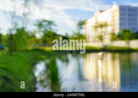 Abstract sun lights blur and beautiful bokeh nature green grass in the park pond and city background Stock Photo