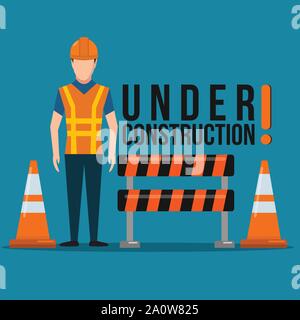 worker with warning board sign and traffic cone for under construction concept vector illustration Stock Vector